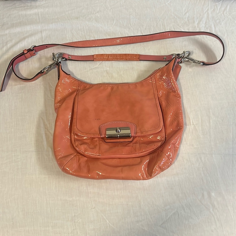 Coach Kristen Coral Pink Patent Leather Hobo Shoulder Handbag # 19299
